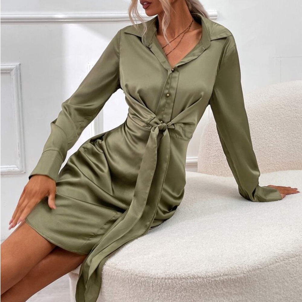 Olive Green Metallic Sheen Front Tie Button-Up Dress